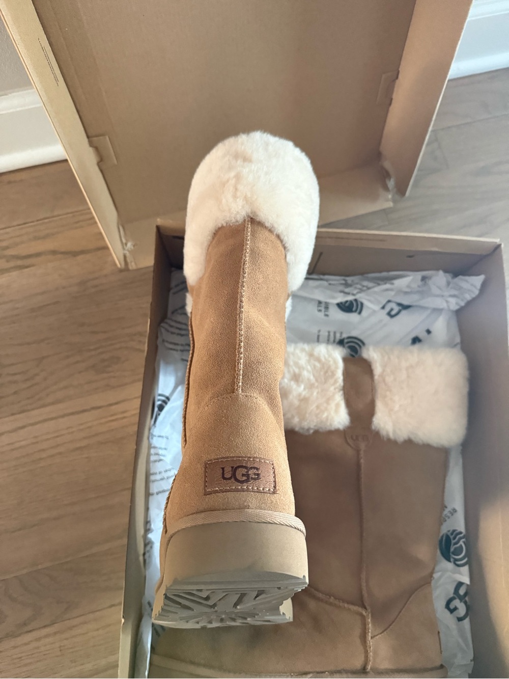 UGG Chestnut Suede Tall Boot with Cream Shearling Cuff